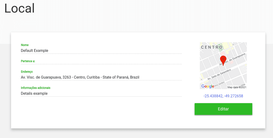 Tela de visualização de Local