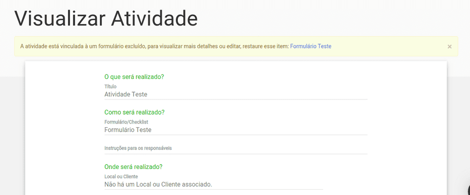Tela de recuperação de uma atividade específica