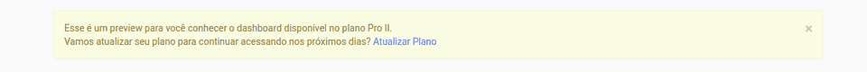 Mensagem de "Esse é um preview para você conhecer o dashboard disponível no plano Pro II. Vamos atualizar seu plano para continuar acessando nos próximos dias? Atualizar Plano"