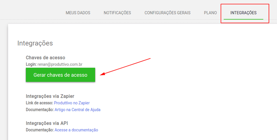 Botão de gerar chaves de acesso na aba de Integrações