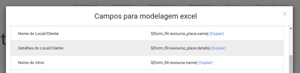 Novas tags para exportação de excel no modal Campos para modelagem excel