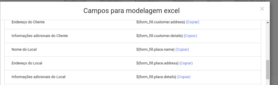 Novas tags disponíveis para modelagem excel