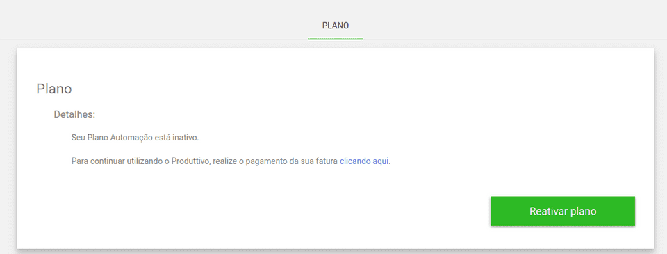 Mensagem de plano automação inativo