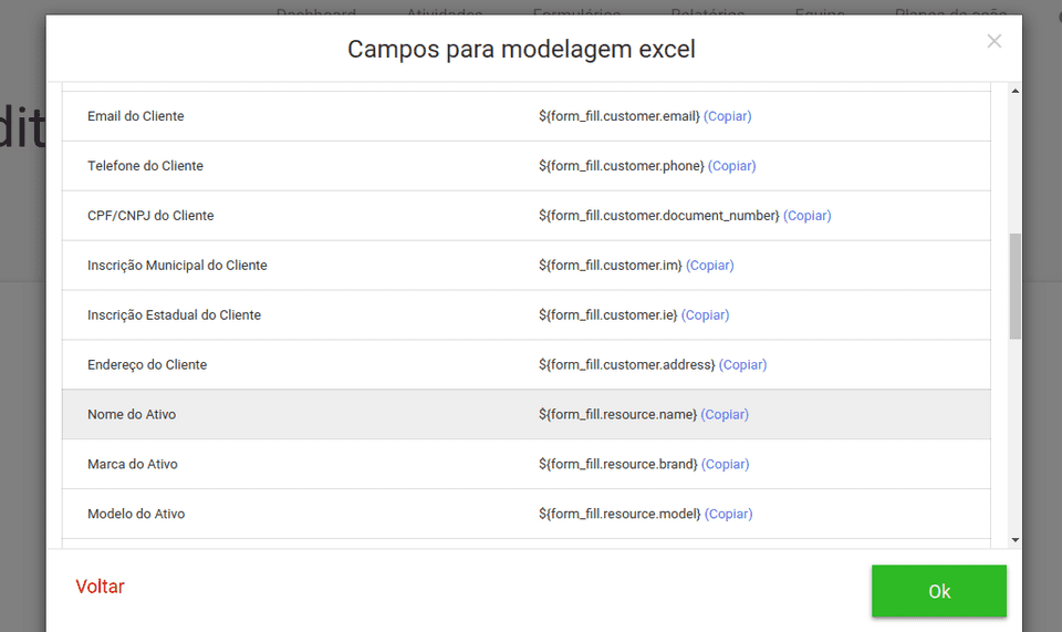 Tags de campos disponíveis para modelagem de perfil de exportação excel